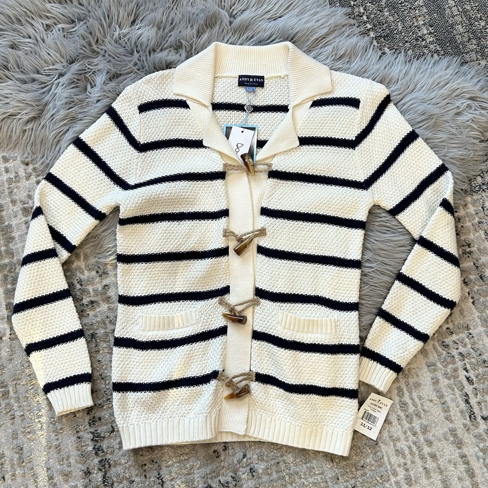Andy and Evan Cream/Navy Striped Knit Sweater Cardigan Toggle Closure 12Y NWT